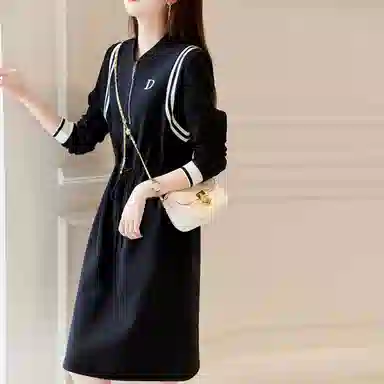 【dme】休闲宽松直筒纯色中腰长袖连衣裙 黑色