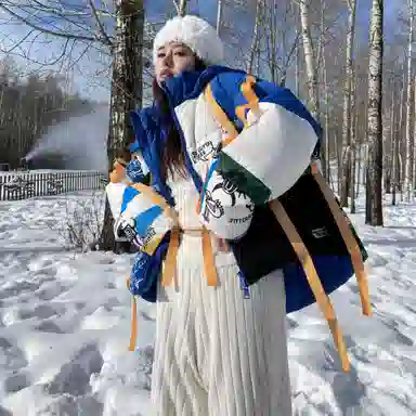 13 DEMARZO x MARK WIGAN Graffiti Ribbon Hooded Down Jacket Blue White