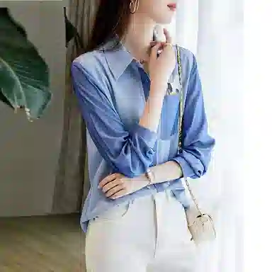 【dme】卡通刺绣拼色长袖衬衫 女款 浅牛仔蓝