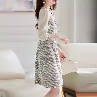 【dme】 套头翻领拼接长袖连衣裙 米白色