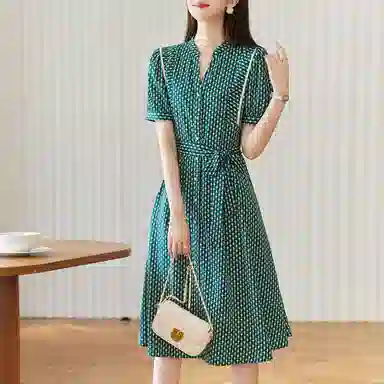 【dme】单排扣蝴蝶结满印短袖连衣裙 墨绿