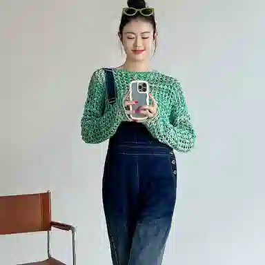 美洋 纯色一字领镂空针织衫 女款 绿色