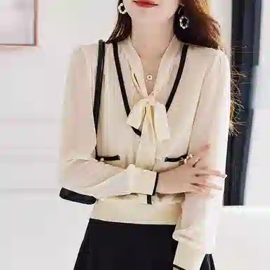 【dme】 纯色领口拼色长袖衬衫 女款 杏色