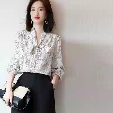 【dme】印花蝴蝶结长袖衬衫 女款 米白