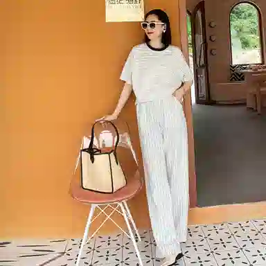 美洋 条纹高腰阔腿休闲裤 女款 米色