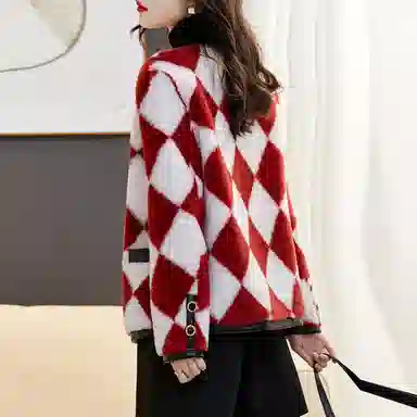 【dme】 棋盘格羊羔毛呢大衣 女款 红色