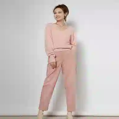 美洋 纯色锥形高腰九分休闲裤 女款 烟粉色