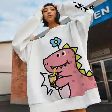 木村三社 小恐龙卡通印花宽松圆领卫衣 情侣款