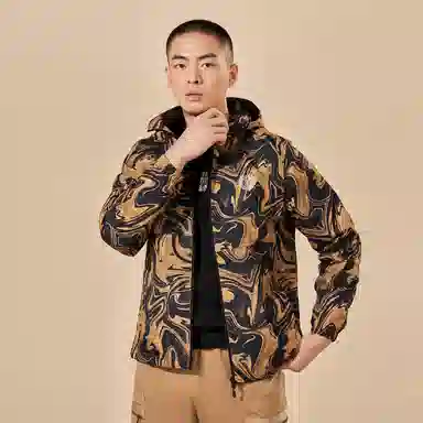 鸿星尔克 纹理感字母印花休闲加绒加厚连帽保暖风衣 男款 雅丹橙