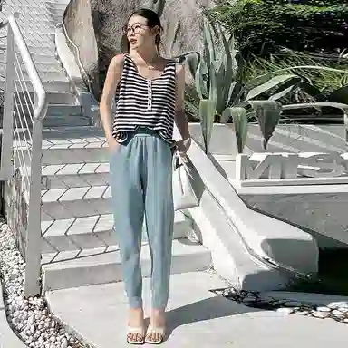 美洋 纯色哈伦九分长裤 女款 雾蓝色