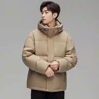 鸭鸭 撞色格子领保暖中长款连帽羽绒服外套 男款