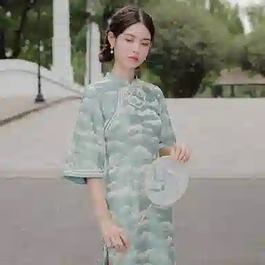 槿爷东方 云清灰姑娘 如意纹长袖旗袍 女款 青绿色