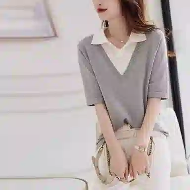 【dme】纯色翻领休闲短袖针织衫 女款 灰色