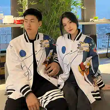 FireMonkey Geometric Cartoon Print Baseball Jacket White