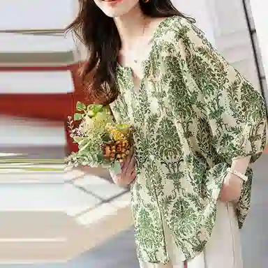 【dme】印花灯笼袖短袖衬衫 女款 藻绿