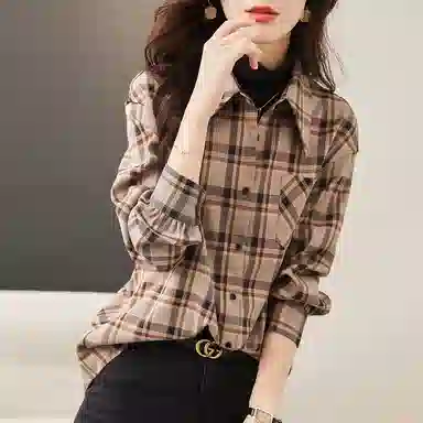 【dme】 格子尖领长袖衬衫 女款 卡其