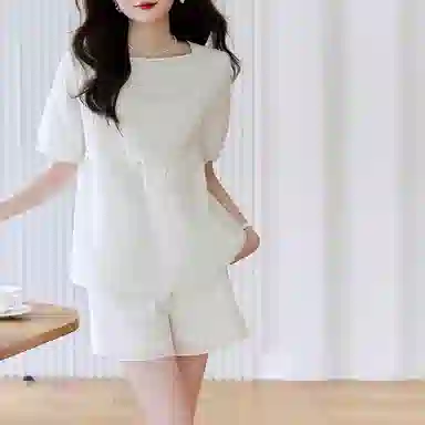 【dme】灯笼袖拼接短袖衬衫纯色中腰短裤衬衫套装 女款 米白