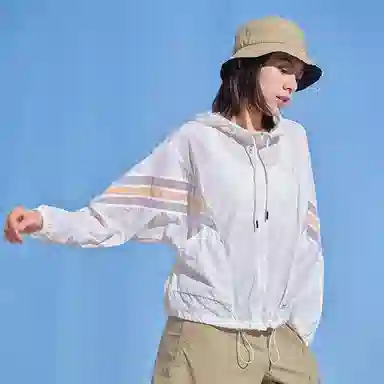 探路者 条纹拼色户外宽松连帽防晒衣 女款
