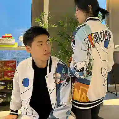 FireMonkey Geometric Cartoon Print Baseball Jacket White