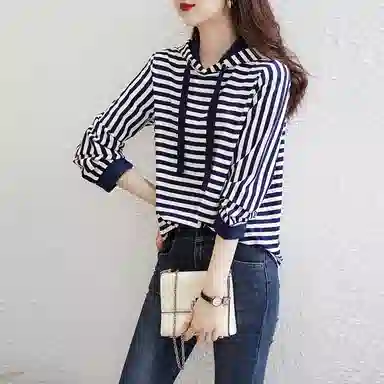 【dme】 复古条纹连帽宽松长袖卫衣 女款 藏青