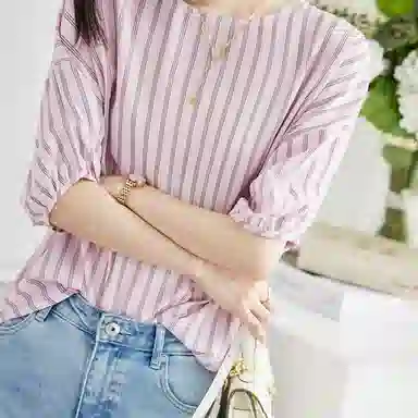 【dme】 休闲通勤法式落肩条纹短袖衬衫 女款 浅粉红