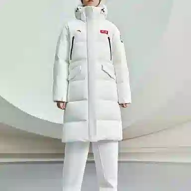 安踏 综训系列 字母贴标中长款连帽羽绒服 女款 白色