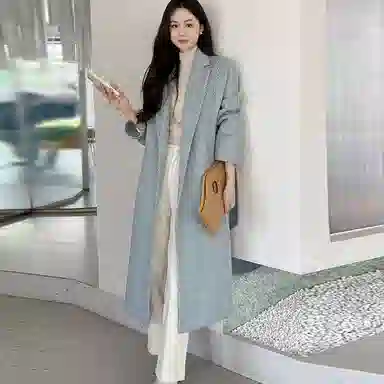 美洋 纯色混纺人字纹中长款双面呢大衣 女款 灰蓝色