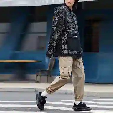 中国李宁 篮球系列 不规则图案满印宽松连帽卫衣 男女同款 黑色