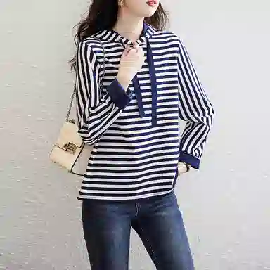 【dme】 复古条纹连帽宽松长袖卫衣 女款 藏青