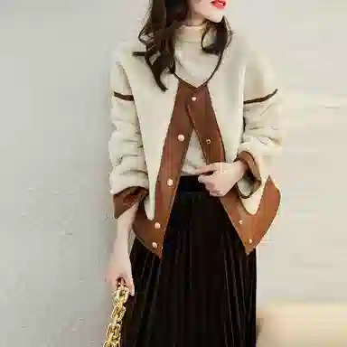 【dme】 圆领拼接单排扣设计绒感外套 女款 米白