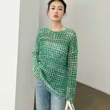 美洋 纯色一字领镂空针织衫 女款 绿色