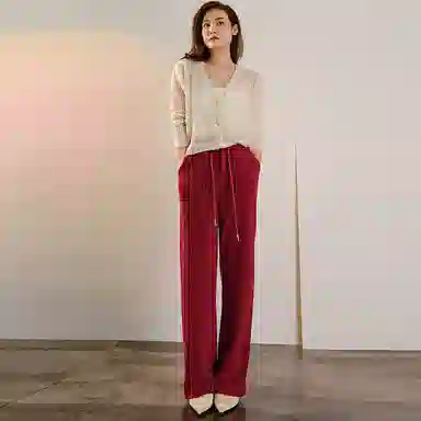 美洋 纯色高腰系带阔腿长裤 女款