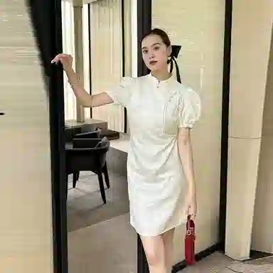美洋 琼枝挽月裙自带书卷气~琵琶扣短袖提花短裙旗袍 女款