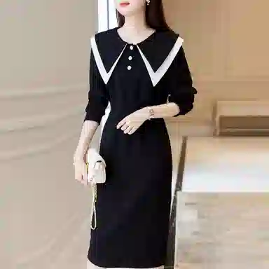 【dme】休闲纯色中腰长袖连衣裙 黑色