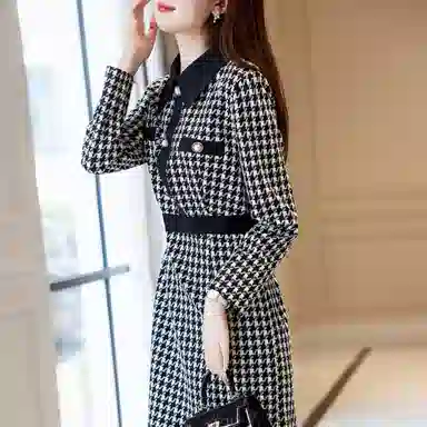 【dme】 格纹千鸟格长袖连衣裙 黑色