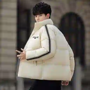 鸭鸭 条纹立领休闲宽松羽绒服 男款