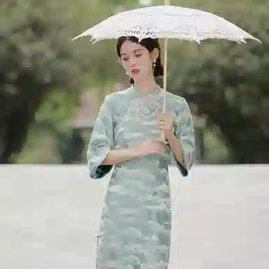 槿爷东方 云清灰姑娘 如意纹长袖旗袍 女款 青绿色