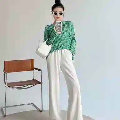 美洋 纯色一字领镂空针织衫 女款 绿色