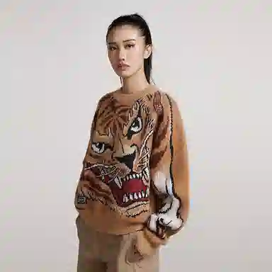 虎头刺绣休闲针织宽松毛衣 男女同款 棕色