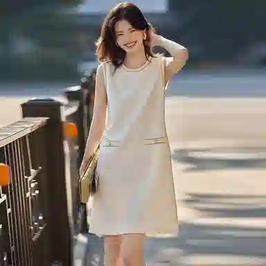 【dme】 纯色圆领条纹拼接无袖连衣裙