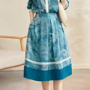 【dme】 植物图案满印高腰百褶休闲长裙 孔雀蓝