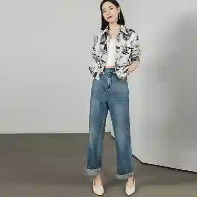 美洋 高腰直筒牛仔裤 女款 牛仔蓝