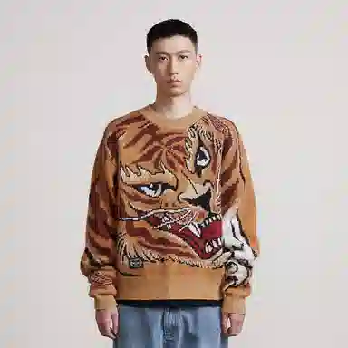 虎头刺绣休闲针织宽松毛衣 男女同款 棕色