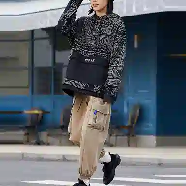 中国李宁 篮球系列 不规则图案满印宽松连帽卫衣 男女同款 黑色