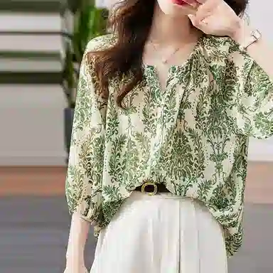 【dme】印花灯笼袖短袖衬衫 女款 藻绿