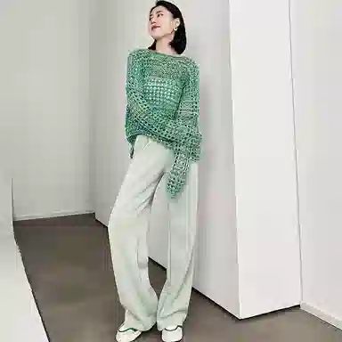 美洋 纯色一字领镂空针织衫 女款 绿色