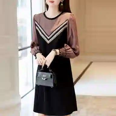 【dme】休闲圆领拼接中腰长袖连衣裙 黑色