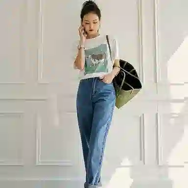 美洋 纯色高腰系扣牛仔裤 女款 浅蓝色