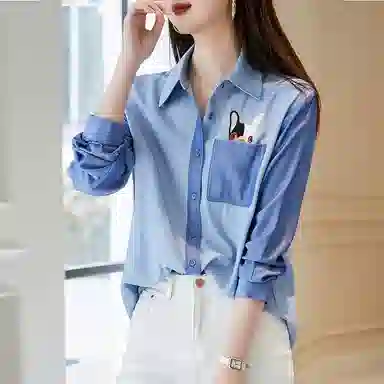 【dme】卡通刺绣拼色长袖衬衫 女款 浅牛仔蓝