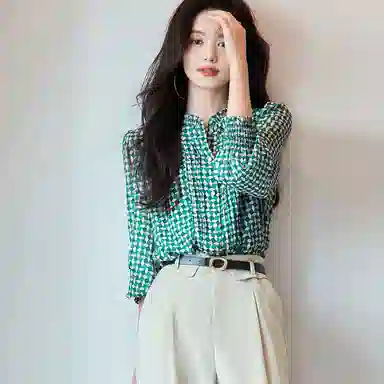 【dme】 印花立领休闲泡泡长袖衬衫 女款 石绿